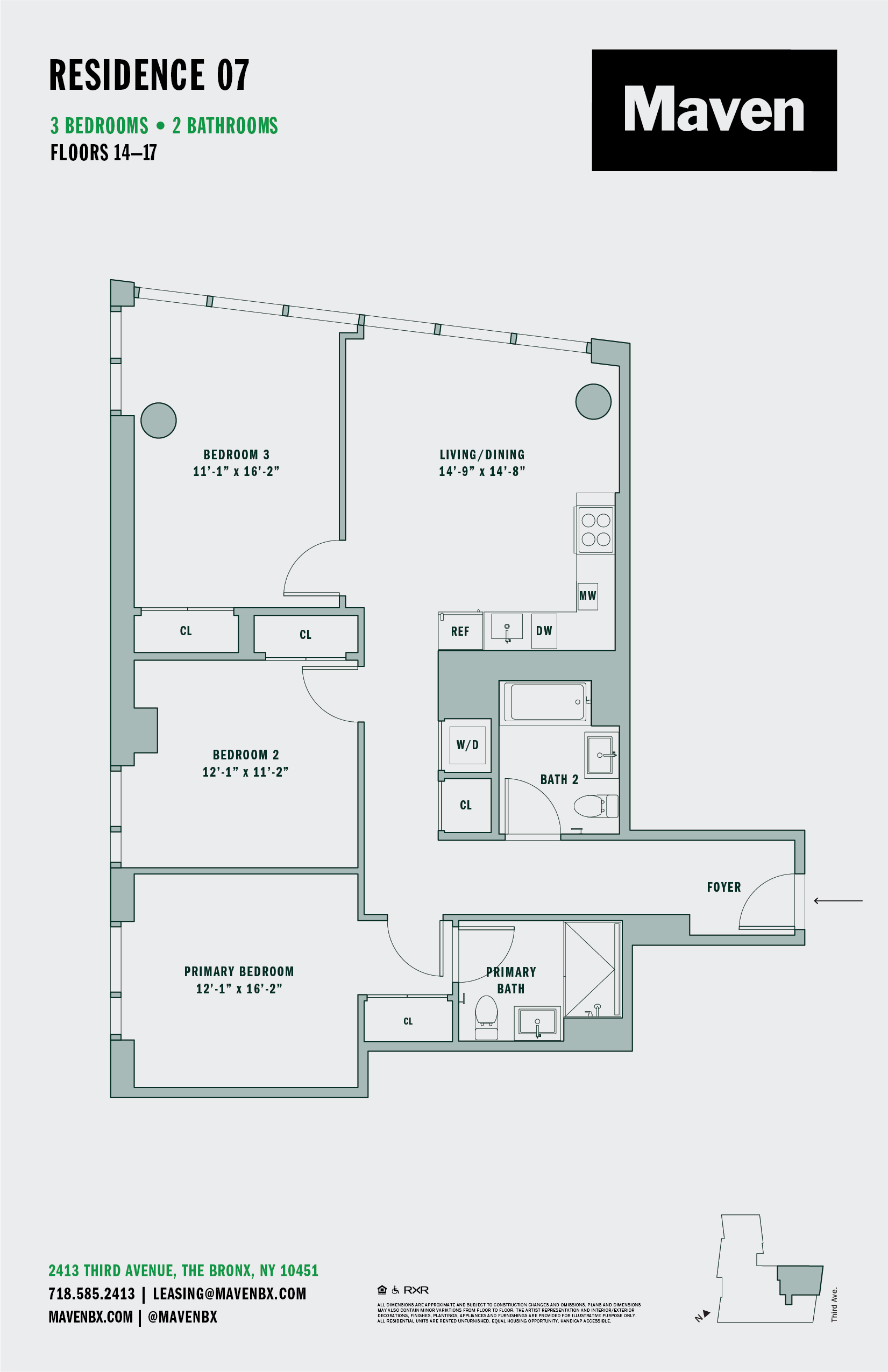 Floor plan for 3 beds, 1 bath, 1210 sqft